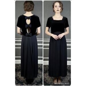 VTG 90s Jeffrey & Dara Velvet Maxi Dress All Black Bow Back Cutout Whimsigoth L